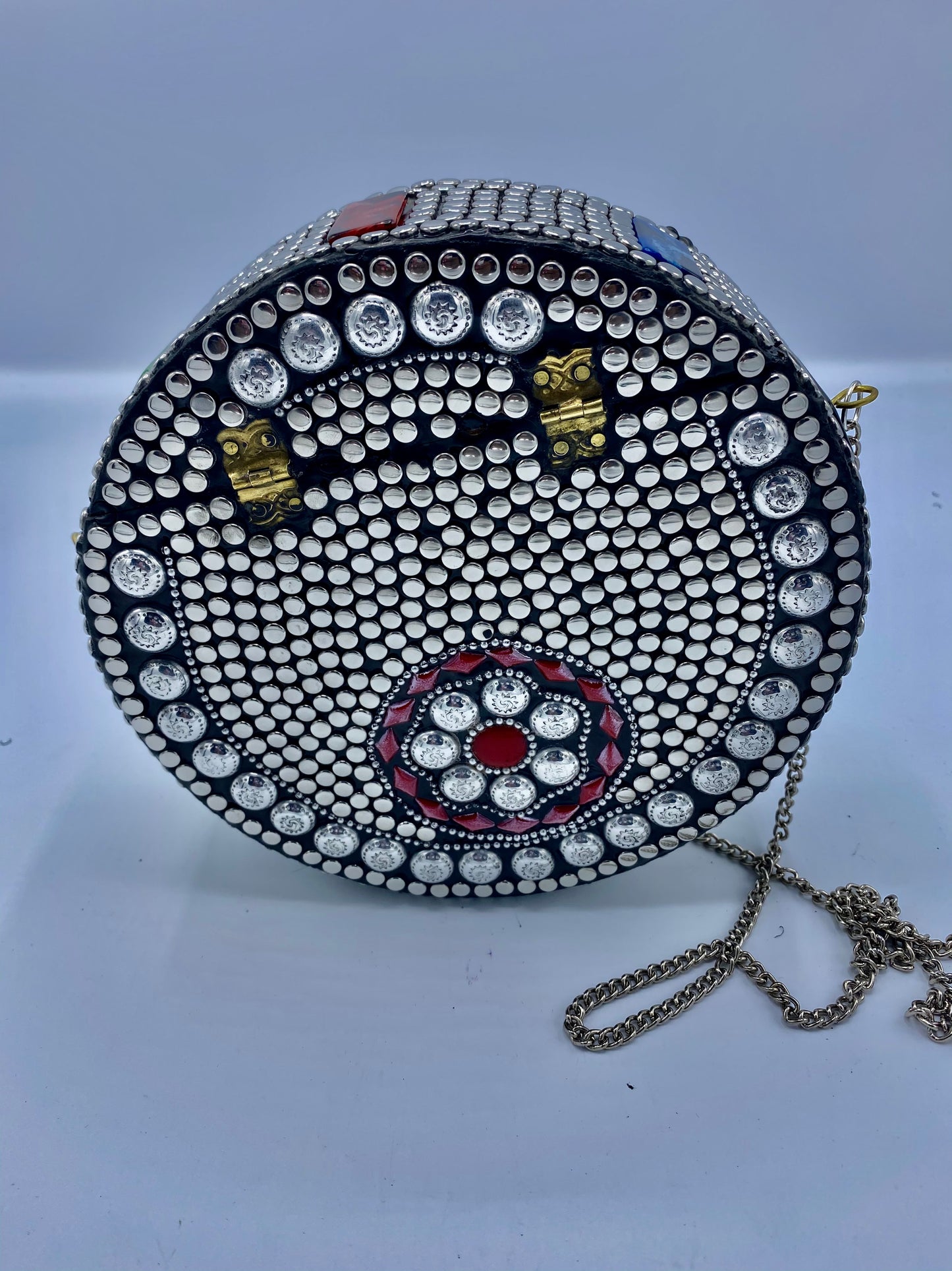 Round Silver Buttons with Red  Stones Design Clutch