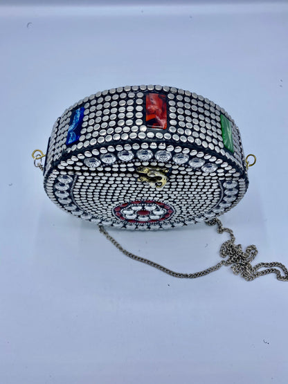 Round Silver Buttons with Red  Stones Design Clutch