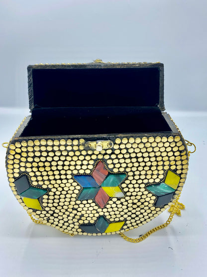 Round Golden Buttons with Multi Color Stars Design  Stones clutch