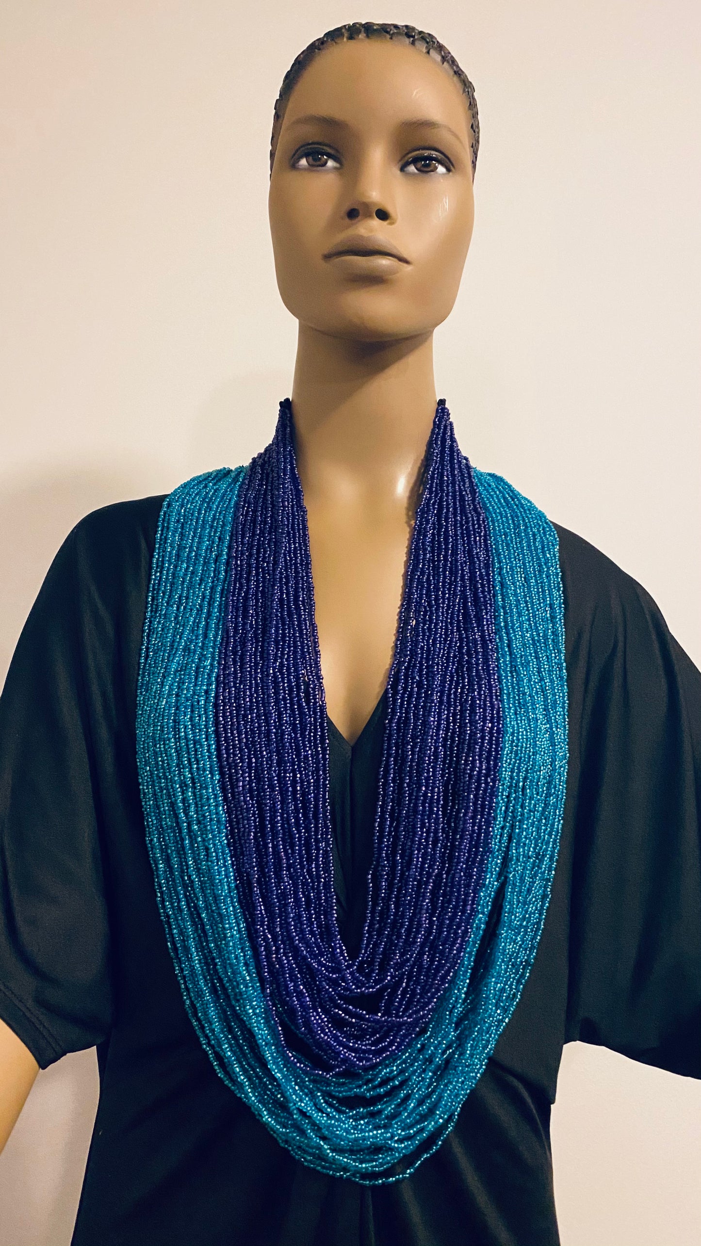 Navy And Blue Long Layered Seed Bead Necklace