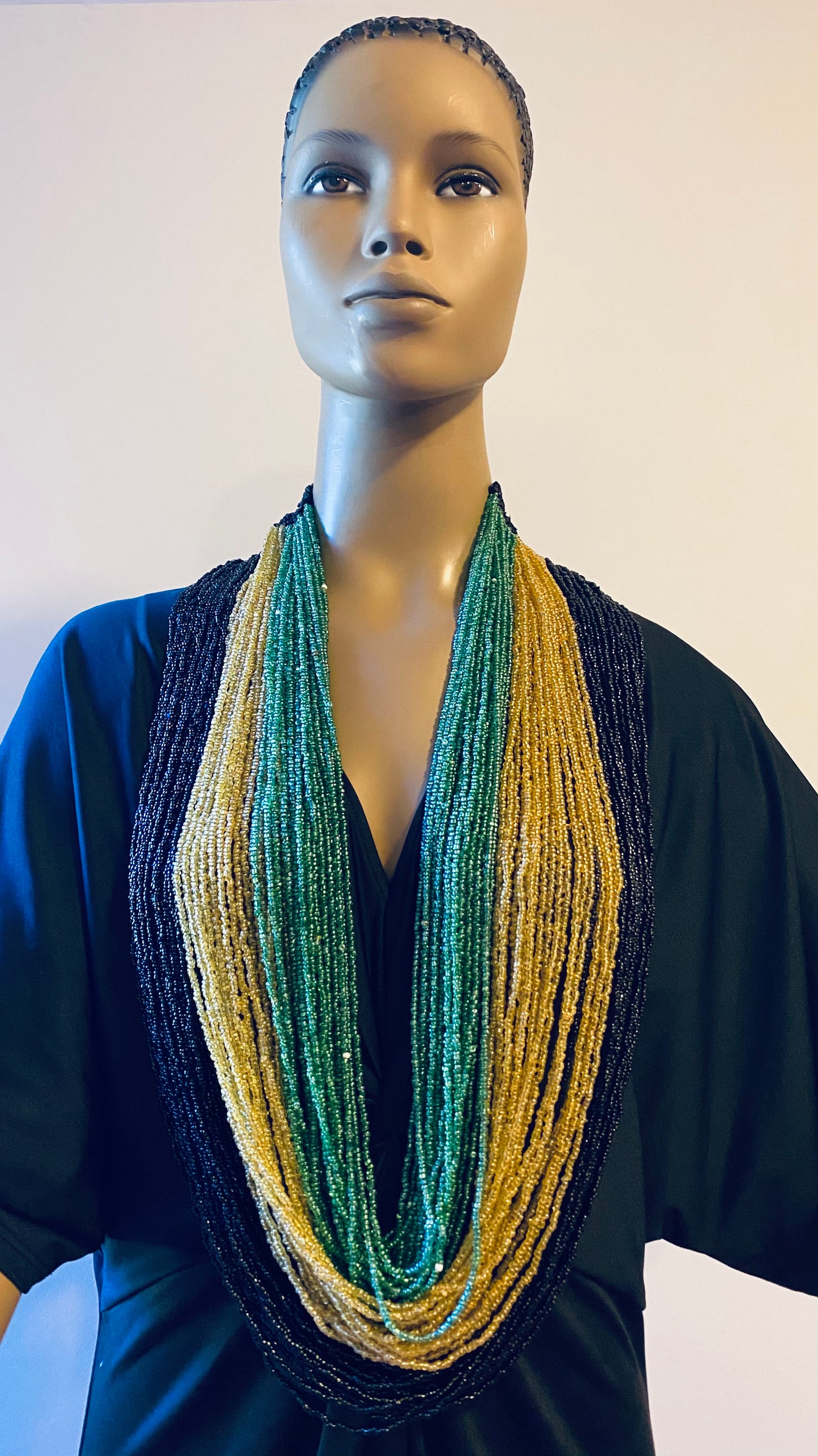 Black Gold and Green Long Layered Seed Bead Necklace