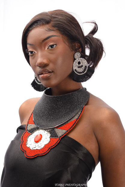 Beaded Bib Necklace Set Featuring Stamped Metal Plate Design