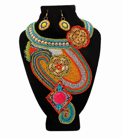 Multi Color Flower Bead Bib Necklace Set with Gold and Rhinestone Detail