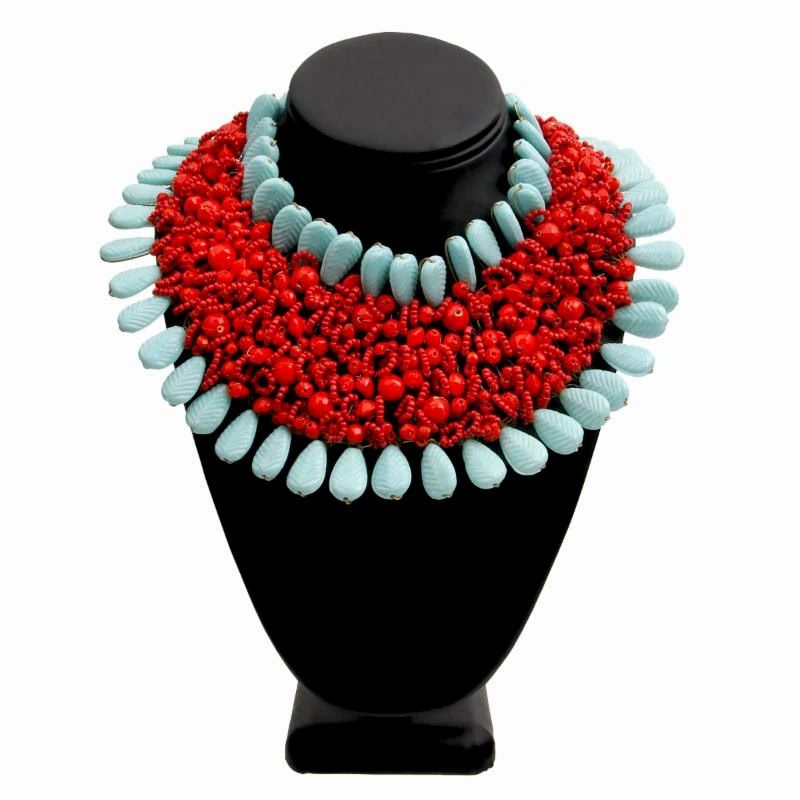 Red and Turquoise Bead and Copper Bib Necklace