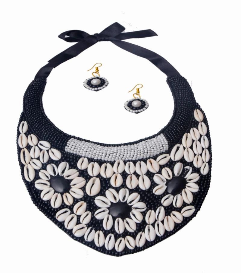 Black and White Bead and Cowrie Shell Bib Necklace Set