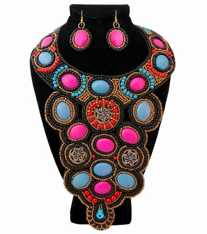 Purple and Blue Bead Bib Style Necklace Set
