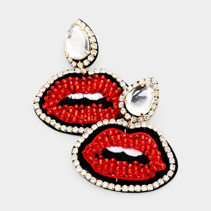 Crystal Teardrop Beaded Embroidery Lips Earrings