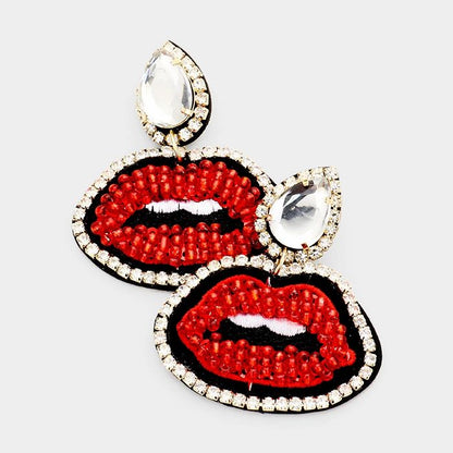 Crystal Teardrop Beaded Embroidery Lips Earrings