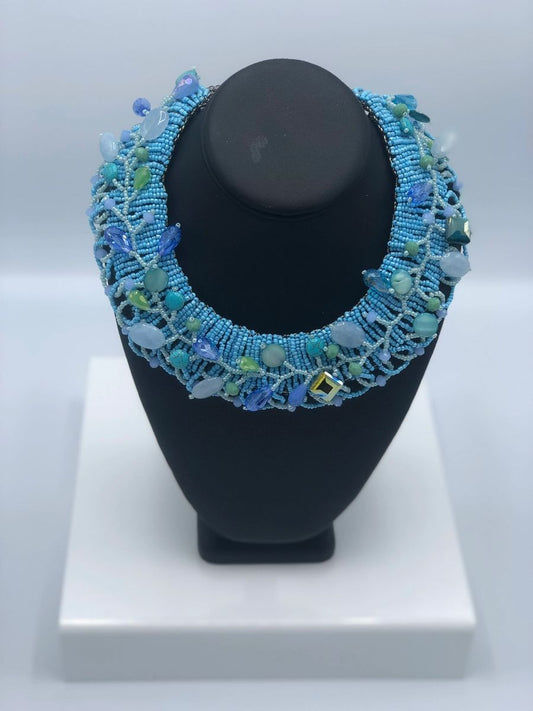 Handmade Floral Valley Seed Beads with Crystals Necklace.
