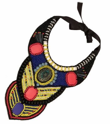 Multi Color Bead with Turquoise Mosaic Pendant Bib Necklace