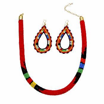 Zulu/Maasai Red and Multi Color Bead Wrapped Tribal Necklace Set with Large Teardrop Earrings