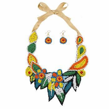 Multi Color Beaded Floral Collar Bib Necklace Set