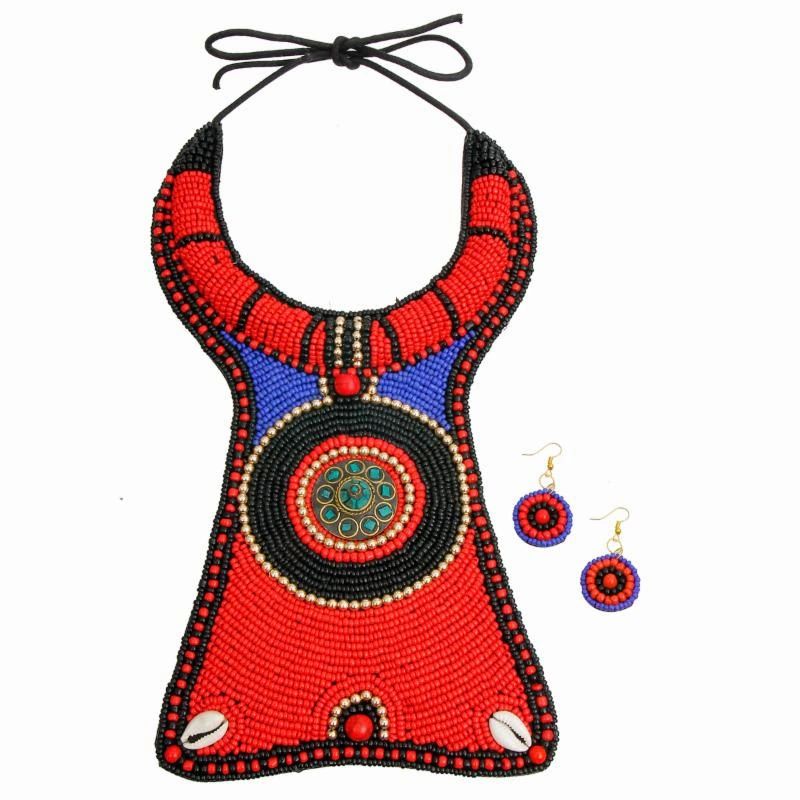 red, blue and black bead raised collar long bib necklace with matching earrings