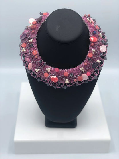 Handmade Floral Valley Seed Beads with Crystals Necklace.
