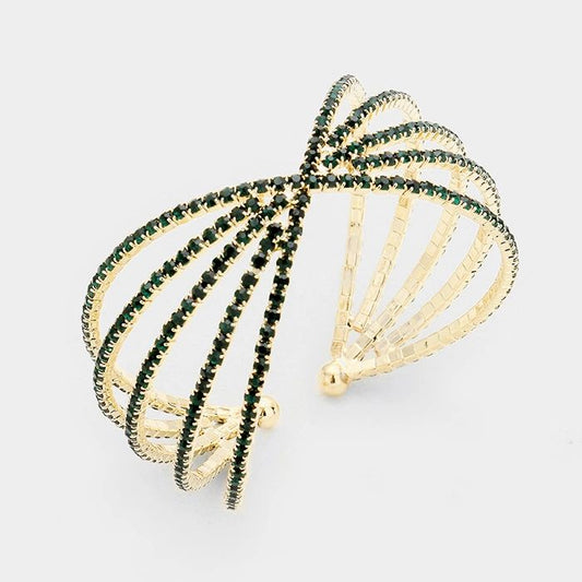 Multi Strand Pave Rhinestone X Shaped Cuff Bracelet
