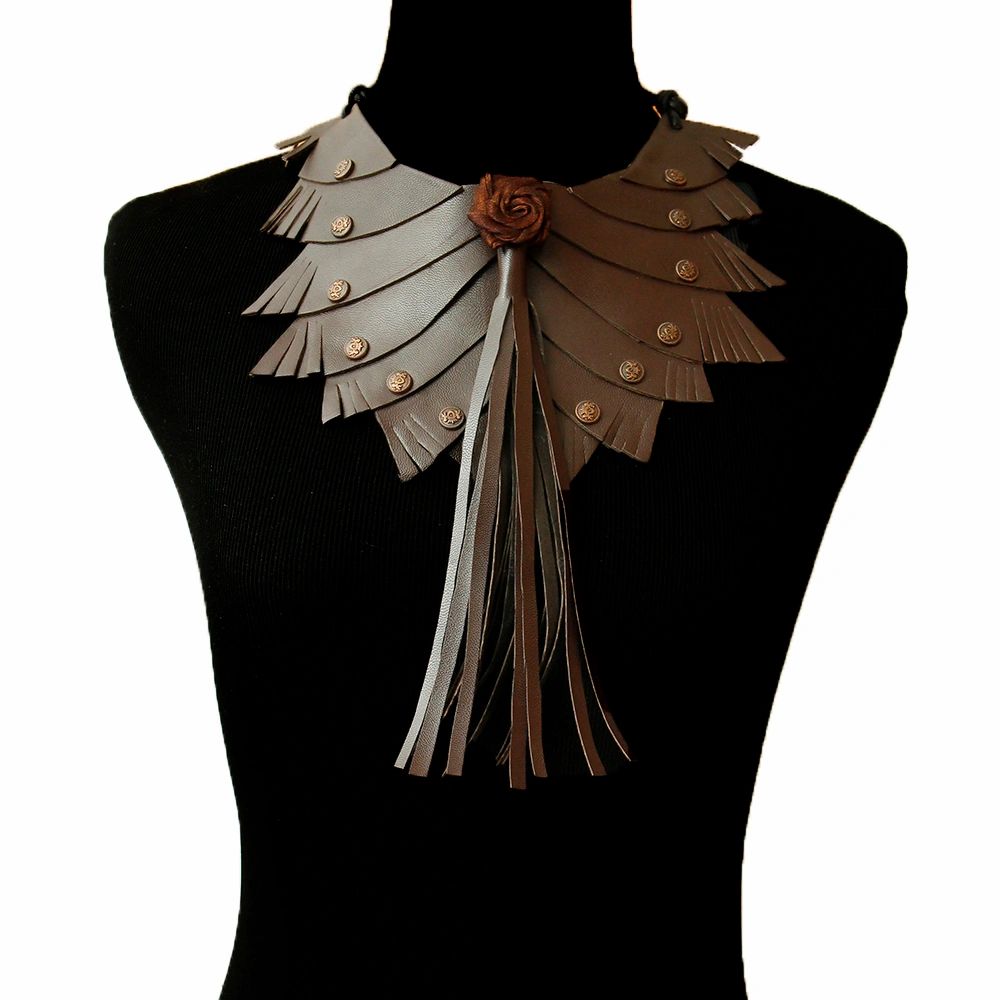 Brown Leather Layered Rose and Tassel Choker Necklace