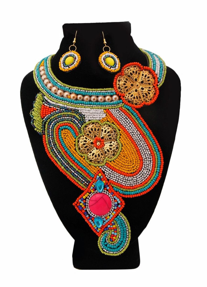 Multi Color Flower Bead Bib Necklace Set with Gold and Rhinestone Detail