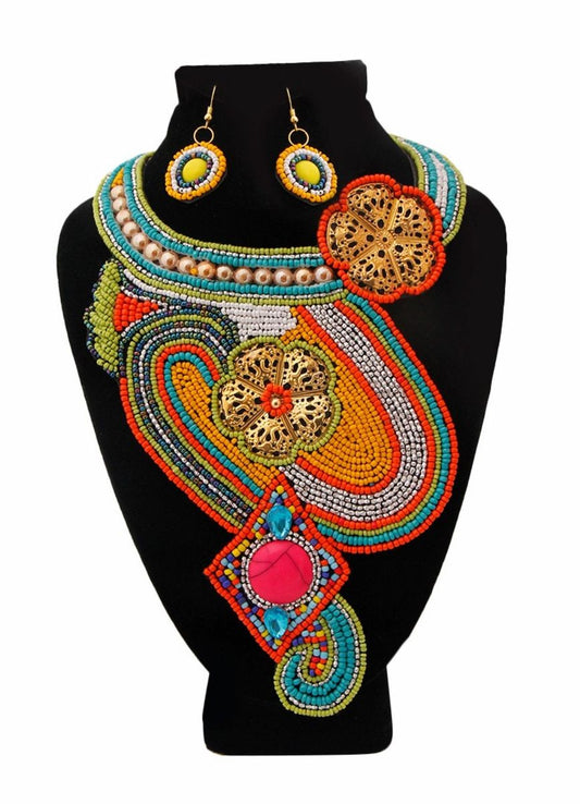 Multi Color Flower Bead Bib Necklace Set with Gold and Rhinestone Detail