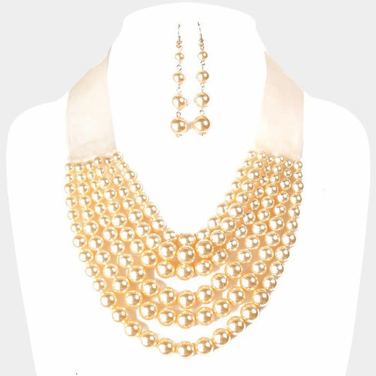 Velvet Multi Strand Pearl Bib Necklace