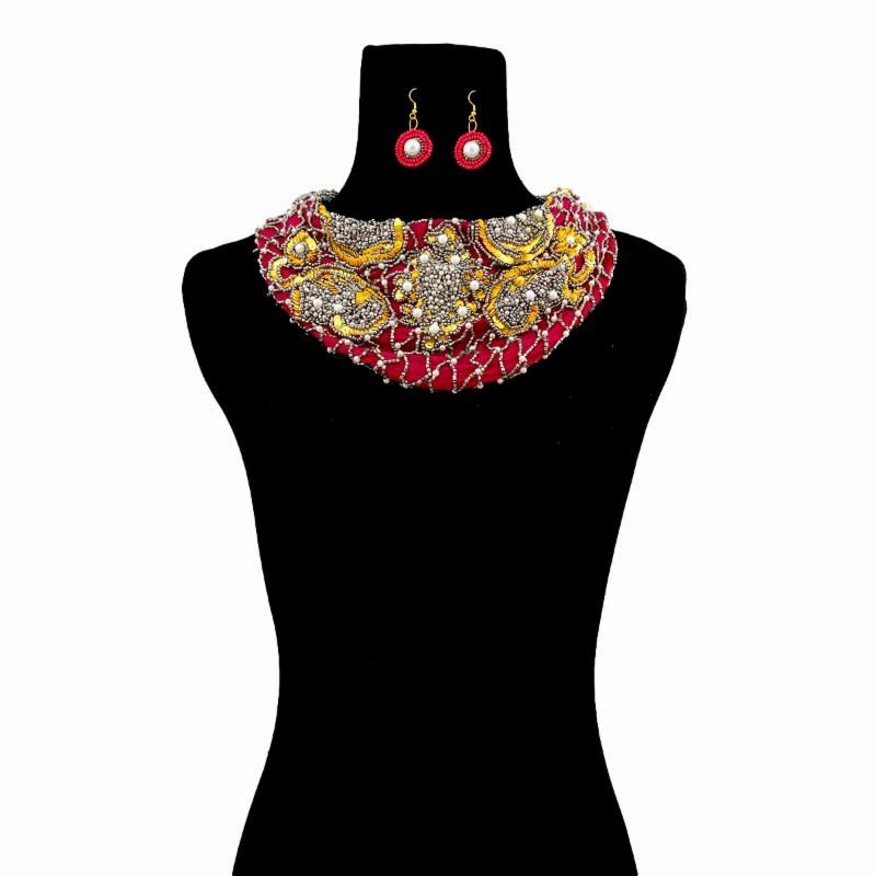 Handmade Fuchsia Chiffon Scarf Necklace Set with Embroidered Sequins, Beads, and Pearls