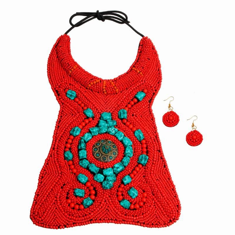 Red and Turquoise Bead Raised Collar Long Bib Necklace and Earrings