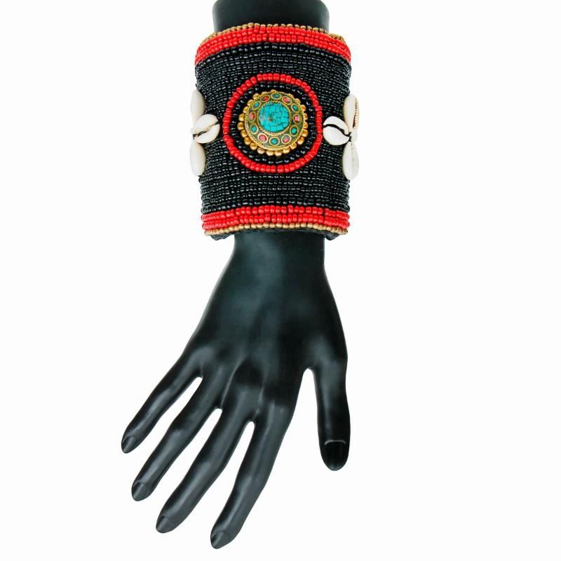 Tribal Beaded Cuff with Cowrie Shells and Turquoise Mosaic Detail