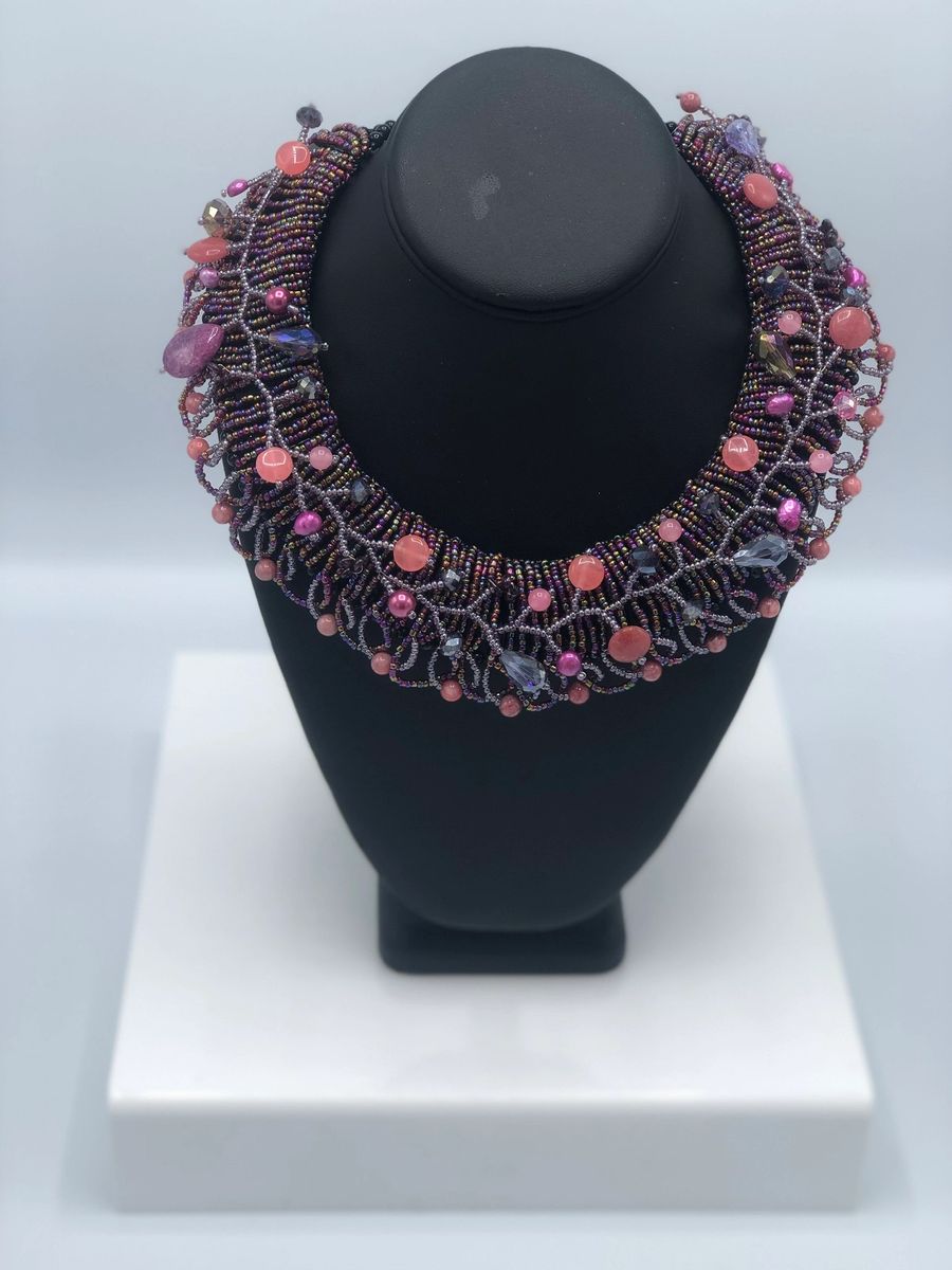 Handmade Floral Valley Seed Beads with Crystals Necklace.