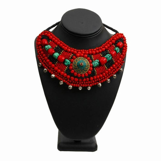 Red Beaded Bib Necklace Featuring Brass Mosaic Detail and Bells