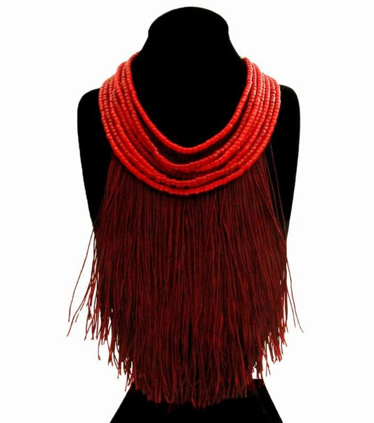 Red Beaded Necklace with Long Burgundy Thread Tassel