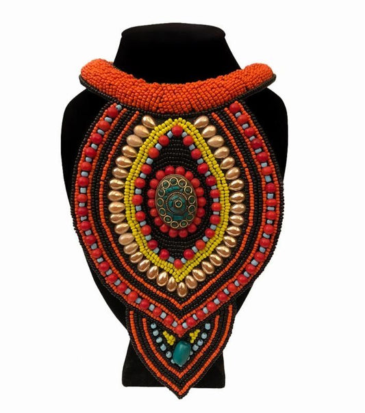 Multi-Colors Bead with Turquoise Mosaic Pendant Bib Necklace