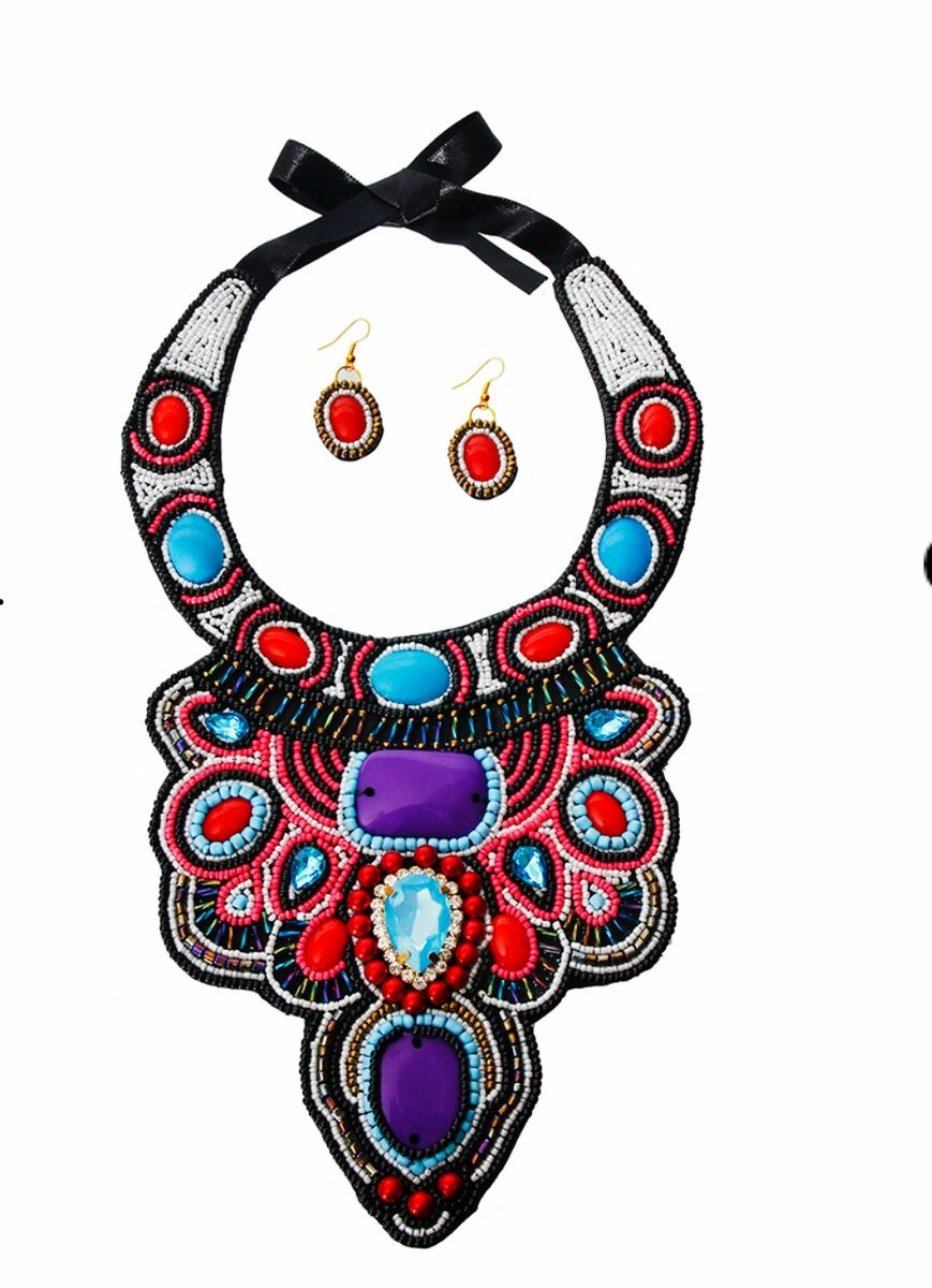 Multi Color Bead and Crystal Bib Necklace Set