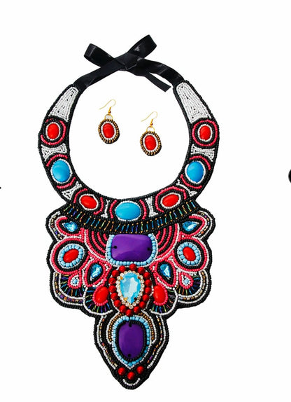 Multi Color Bead and Crystal Bib Necklace Set