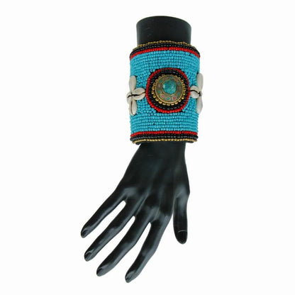 Tribal Beaded Cuff with Cowrie Shells and Turquoise Mosaic Detail