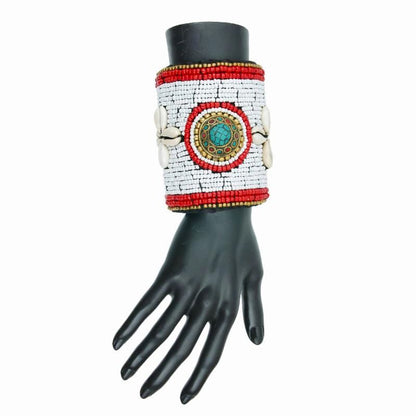 Tribal Beaded Cuff with Cowrie Shells and Turquoise Mosaic Detail