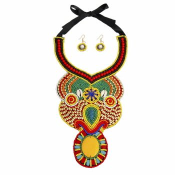 Long Multi Color Bead Bib Necklace Set with Gold Beading and Cowrie Shell Detail