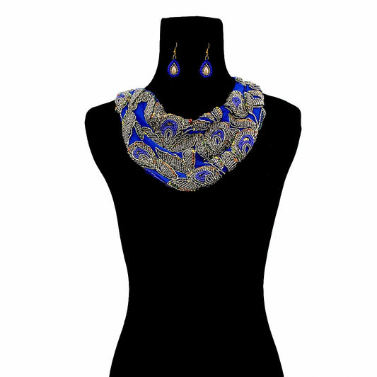 Handmade Blue Chiffon Scarf Necklace Set with Embroidered Beads and Sequins