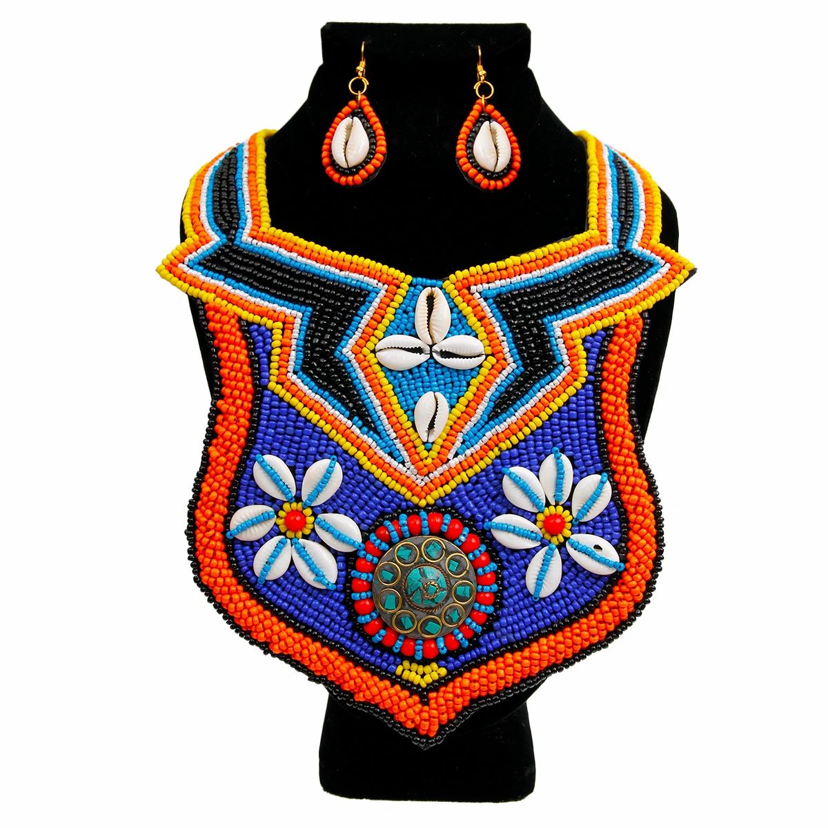 Multi Color Bead Bib Necklace Set with Cowrie Shell and Mosaic Detail
