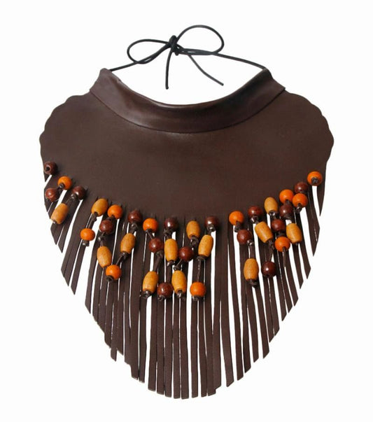 Brown Leather and Wooden Beads Fringe Bib Choker Necklace