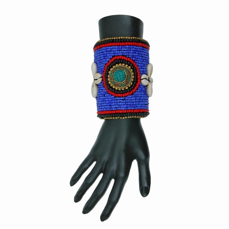 Tribal Beaded Cuff with Cowrie Shells and Turquoise Mosaic Detail