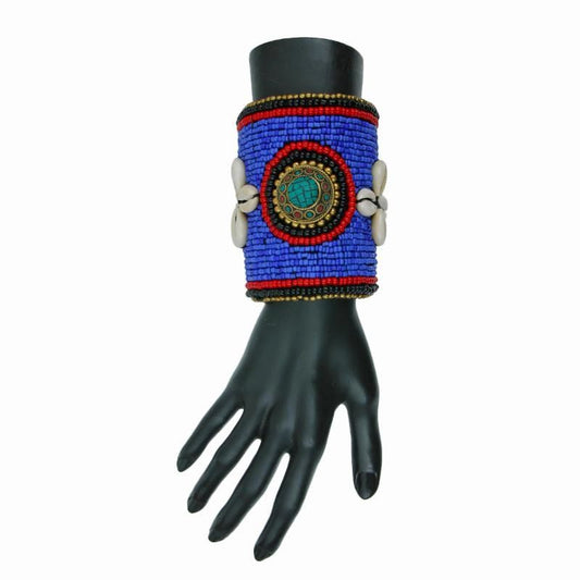 Tribal Beaded Cuff with Cowrie Shells and Turquoise Mosaic Detail