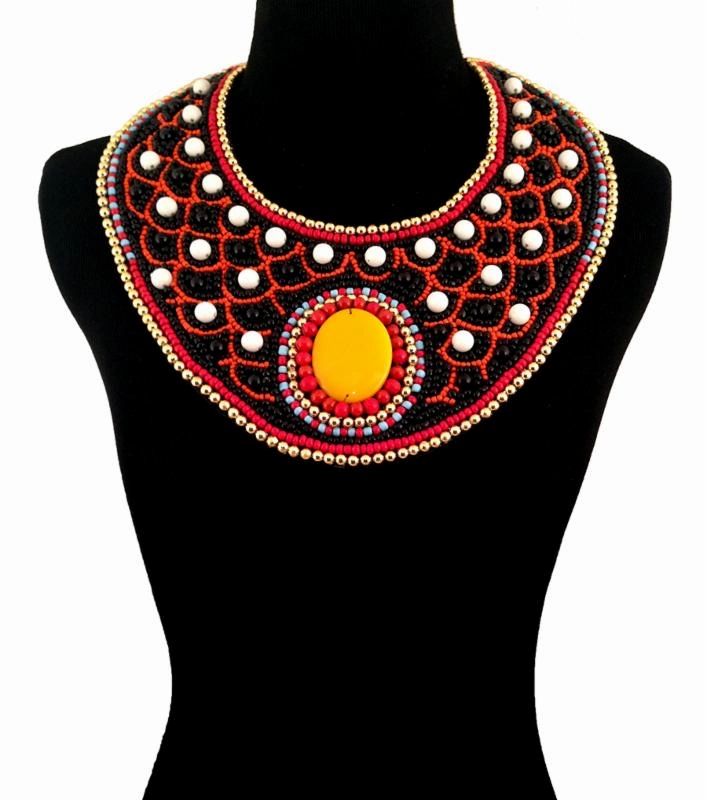 Multi Color with Black and White Bead Bib Necklace