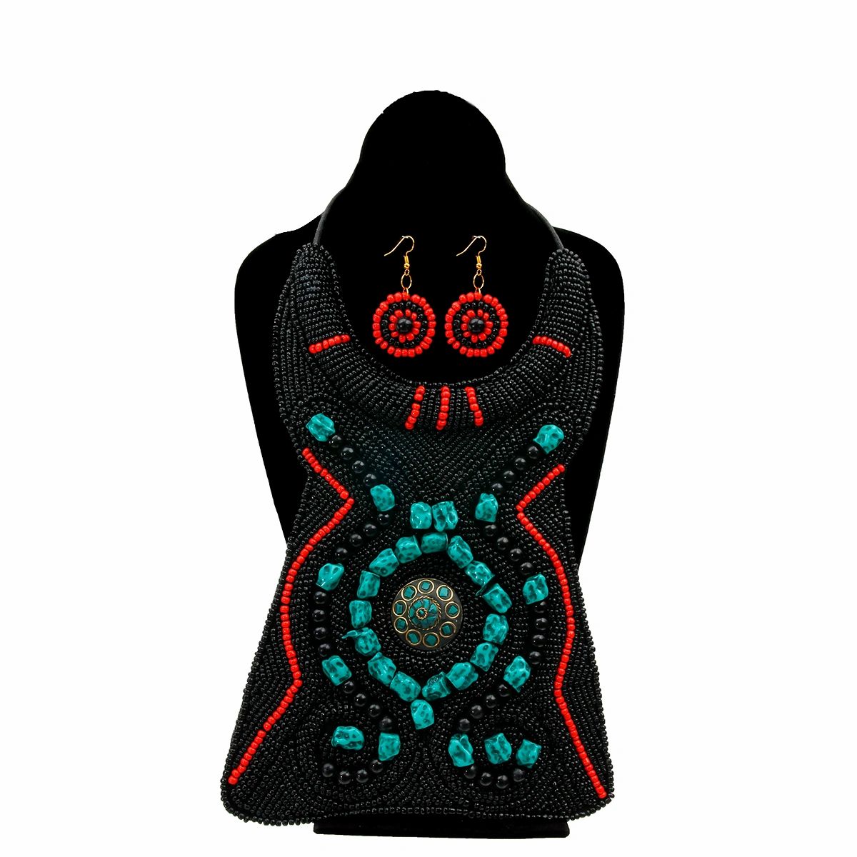 Black and Turquoise Bead Raised Collar Long Bib Necklace Set