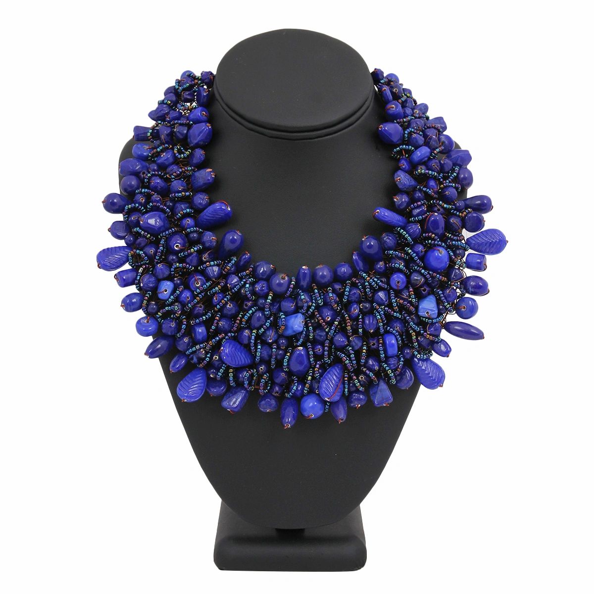 copper bib necklace with dark blue beads