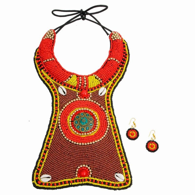 collar necklace set with brown, yellow and red stone beads