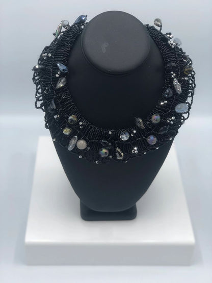 Handmade Floral Valley Seed Beads with Crystals Necklace.