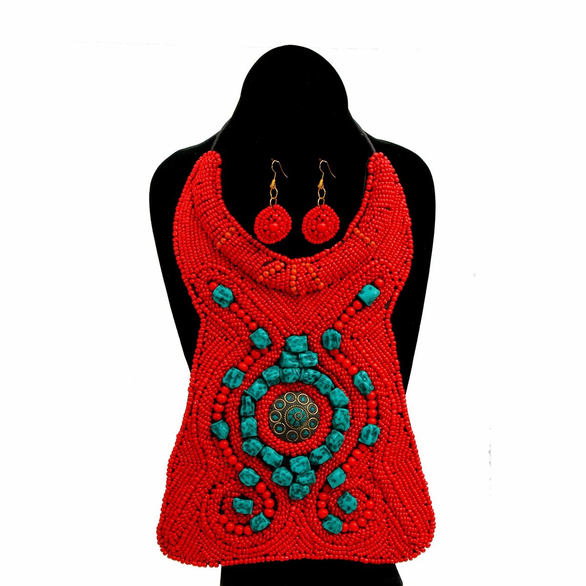 red and turquoise bead collar long necklace