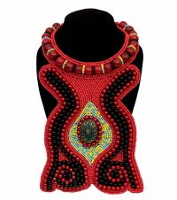 Red and Black Bead with Turquoise Mosaic Pendant Bib Necklace