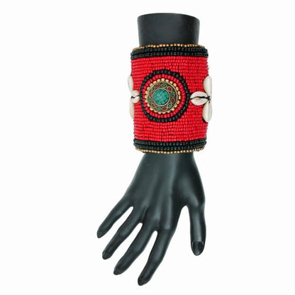 Tribal Beaded Cuff with Cowrie Shells and Turquoise Mosaic Detail