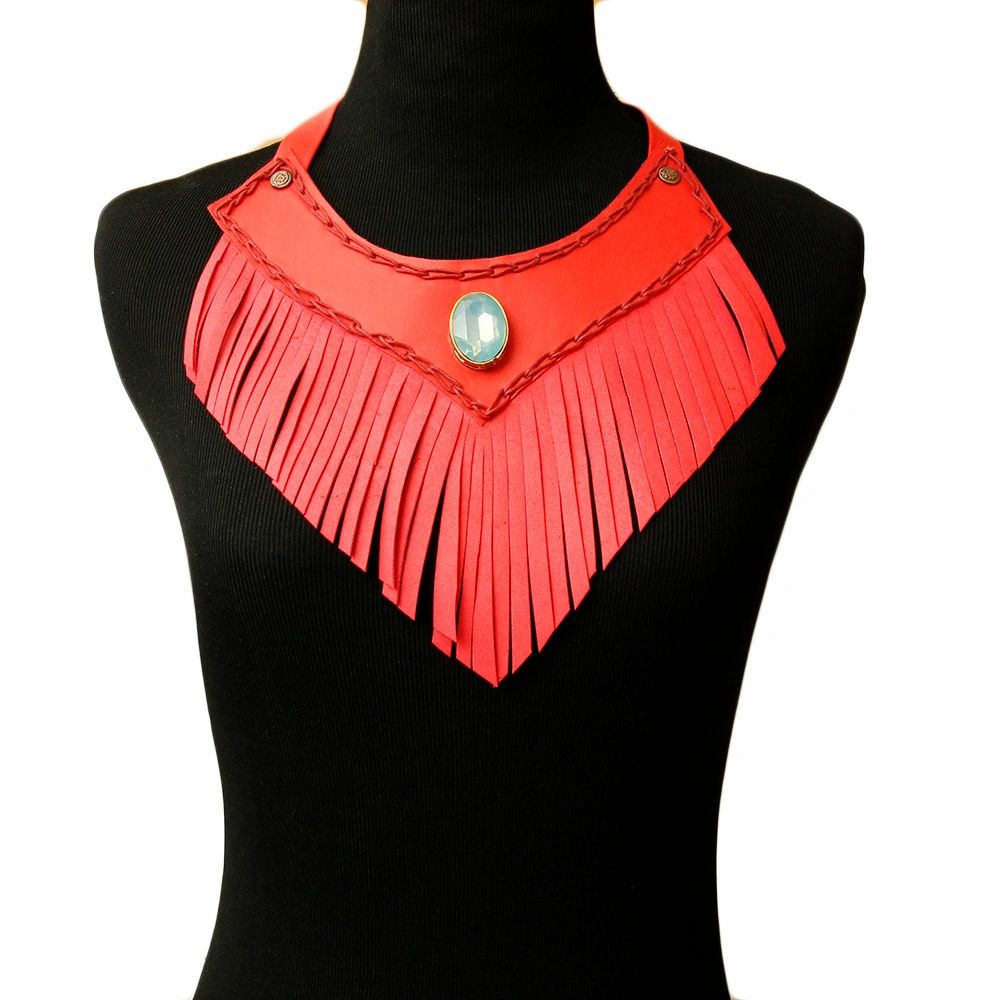 Red Leather Fringe Choker Necklace