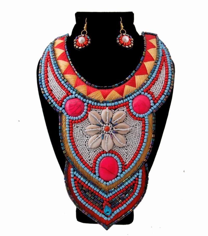 Embroidered Bead and Cowrie Shell Bib Necklace Set